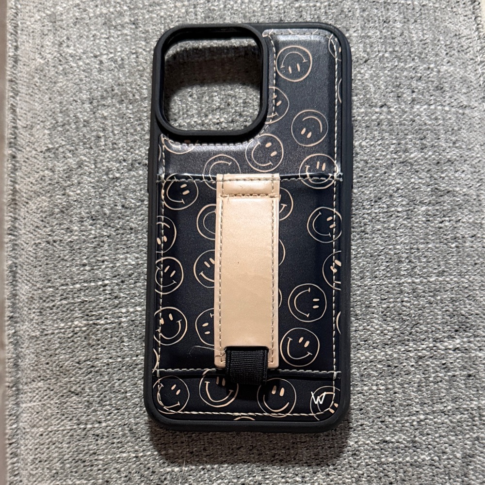 Stylish Black and Tan Smiley Phone Case with Finger Strap & Wallet Pouch
